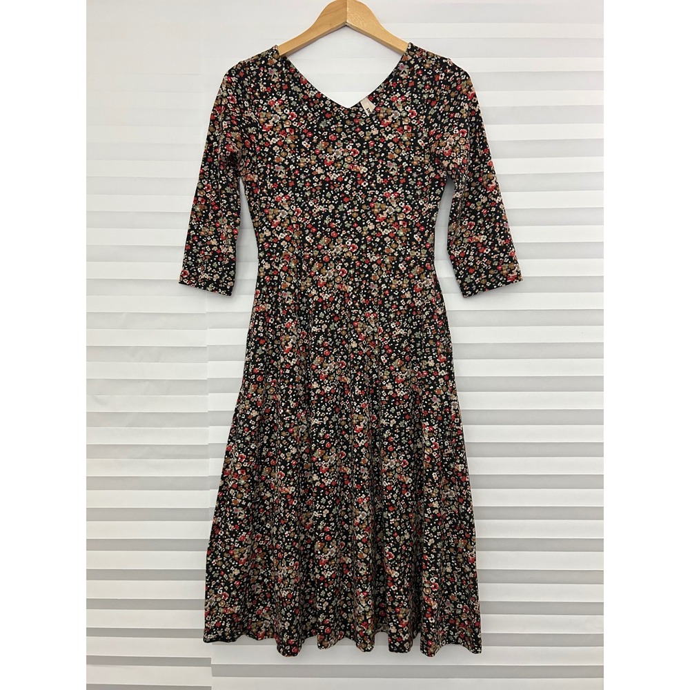 Pact Organic Cotton Floral V-Neck Fit and Flare Midi Dress Pockets Black M